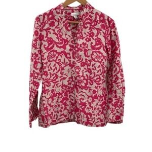 Charter Club Linen Button Down Top Women Size Medium 8 Pink‎ Floral Long Sleeve